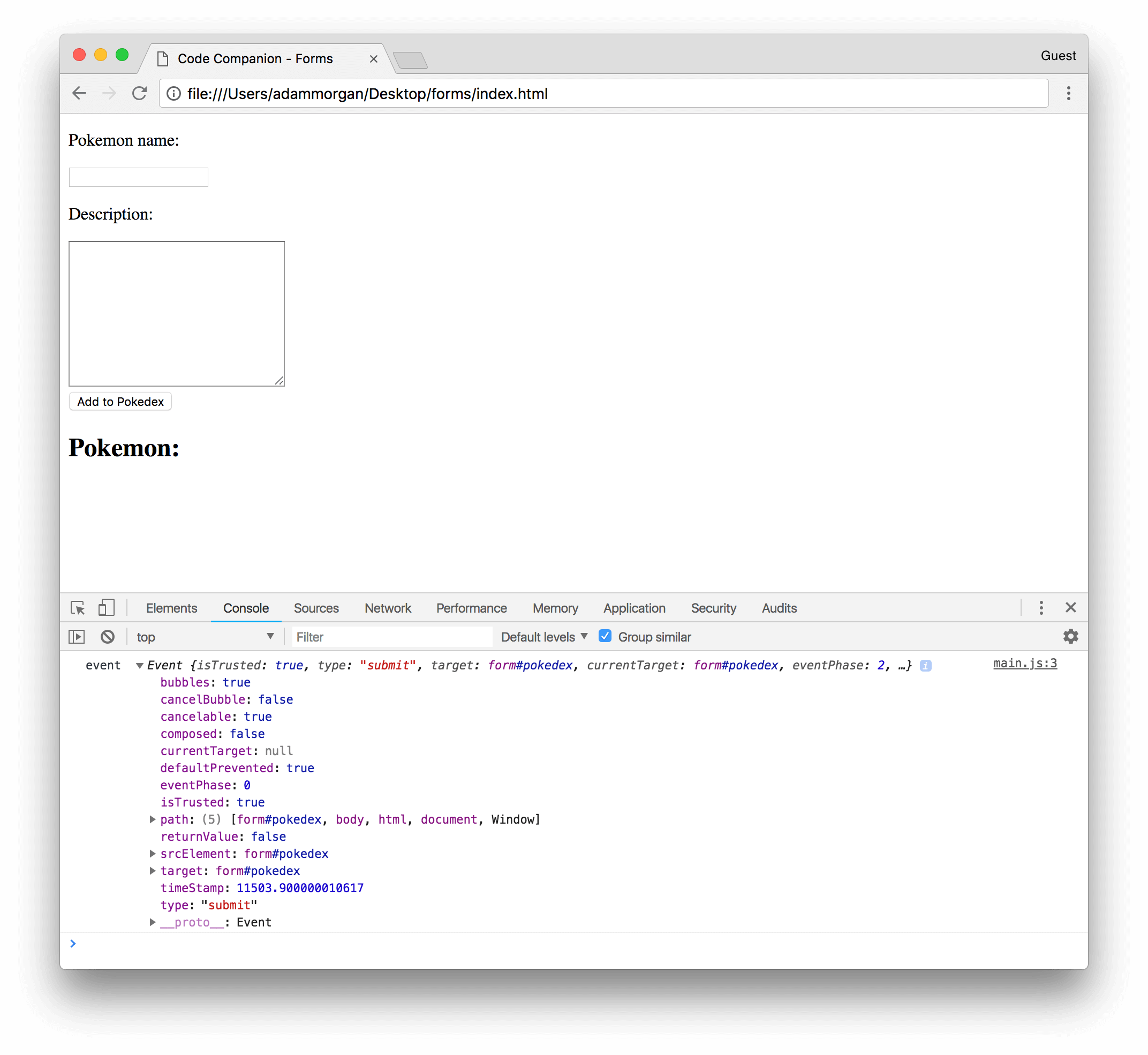 Logging the event object